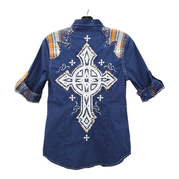 Affliction Snap Front Shirt Womens S Roll Tab 3/4 Sleeve Blue Cross Rhinestones - Picture 2 of 16